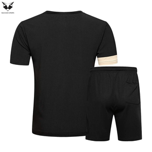 Black Cotton Casual Short Sleeve T-Shirt With Cream Cuff Matching Shorts <b>Set</b> Summer <b>Knitted</b> Men’s Outerwear <b>Sets</b> - Product Image 2