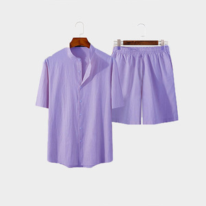 Ensemble deux pièces décontracté en coton et lin pour homme, grande taille, coupe ajustée, avec short à manches longues, en tissu jersey, tenue d'intérieur - Product Image 5