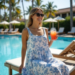 Sin mangas estilo bohemio Maxi verano ropa casual blanco azul vid estampado vestido de algodón para las mujeres - Product Image 3