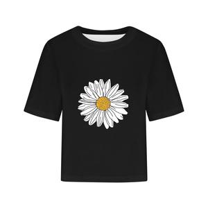Plus Size Workout Crop <b>Top</b> Three Quarter Sleeve Crew Neck T-Shirt With Daisy Flower Print For Adults Casual Short Sleeve - Product Image 5