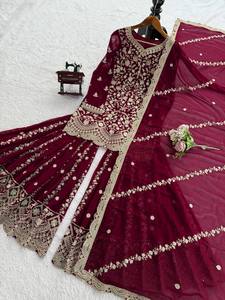 AARIKA TEXTILE Radiant Faux Georgette Embroidered Top Sharara Set Sequins Thread Lace Dupatta Quick Dry <b>Wedding</b> Festive Ethnic - Product Image 4