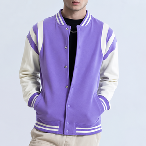 Men's <b>Purple</b> Woolen Windproof <b>Varsity</b> <b>Jacket</b> Color Blocking Casual Fleece Regular Fit Stand Collar Winter Streetwear - Product Image 1