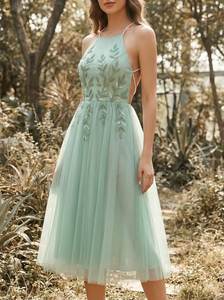 Robe courte en tulle vert sauge avec broderie de feuilles, élégante robe de soirée à col halter, applique florale 3D, prix direct usine - Product Image 4