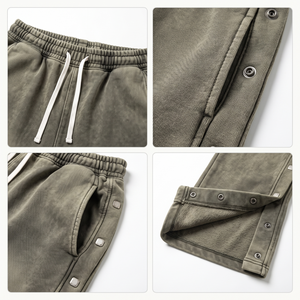 Men's Custom Acid Wash Cotton Baggy <b>Sweatpants</b> with Wide Legs & Side Buttons (<b>Wholesale</b>) - Product Image 3