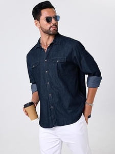 Chemise boutonnée en coton bleu foncé pour hommes, manches longues, couleur unie, coupe régulière avec poches, haut décontracté toutes saisons - Product Image 2