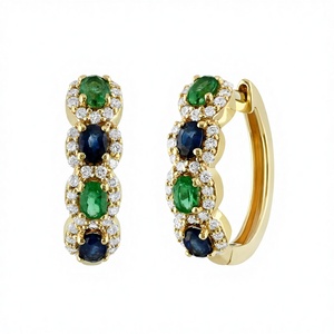 14K Solid Gold Emerald Sapphire Diamond Halo <b>Huggie</b> Earrings Natural Stone Gift Fine Jewelry - Product Image 1