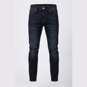 Jean en denim déchiré coupe slim délavé foncé pour homme, taille haute, jambe droite, en coton, style automne - Product Image 1