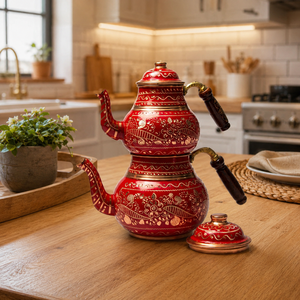 Handmade Turkish Copper Tea <b>Set</b> Wholesale, Traditional Red Floral Tea Pot, Double Kettle <b>Teapot</b> for Home and Restaurant Use - Product Image 2