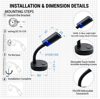 Lampe de lecture 12V RV à col de cygne avec variateur tactile, lumière bleue nocturne en alliage d'aluminium pour camping-car, caravane, bateau