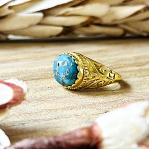 Hot Selling Boho Turquoise <b>Ring</b> Ethnic Brass <b>Rings</b> Women 18k Gold Plated Vintage Filigree Jewelry <b>Statement</b> Band Wholesale/OEM - Product Image 3
