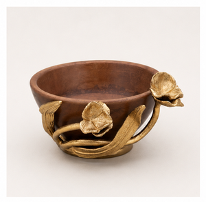 Elegante Tazón de Servir de Madera de Mango Hecho a Mano con Detalles Florales de Metal Dorado Antiguo, Centro de Mesa y Tazón Decorativo - Product Image 1
