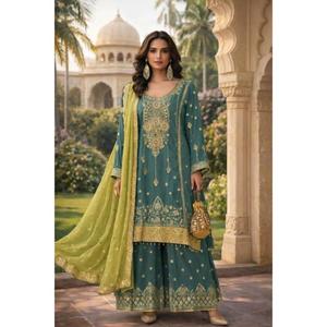Traje Salwar de Chinnon Pesado Estilo Pakistaní con Palazzo y Dupatta, Conjunto Bordado para Fiestas, Vestido Étnico Tradicional para Mujer - Product Image 1