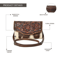 Tas Selempang Kulit Sapi Asli Buatan Tangan untuk Wanita, Desain Bunga Barat Magnetik, Model Lipat Tiga, untuk Acara Malam Hari