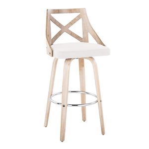 Sgabello da bar Charlotte da 30 pollici a altezza fissa con seduta girevole in tessuto color crema e poggiapiedi in metallo cromato, stile rustico in legno bianco anticato - Product Image 2