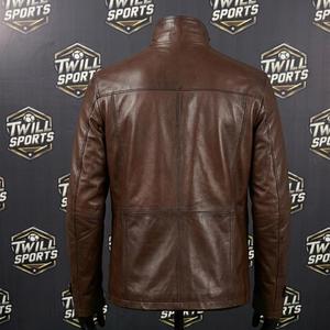 Chaqueta Casual de Motociclista para Hombre, de Cuero Genuino Marrón, Cuello Alto, Cierre de Cremallera, Corte Regular, Invierno, Servicio OEM - Product Image 3