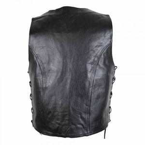 Gilet vintage respirant en cuir de vachette véritable noir et toile, avec fermeture unique à boutons recouverts et côtés ajustables à lacets - Product Image 2