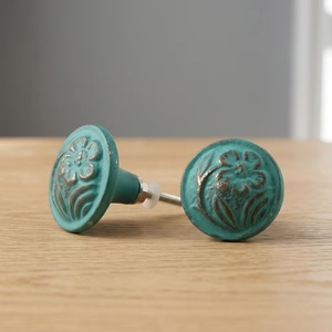 Rustic <b>Ceramic</b> Industrial Cabinet <b>Knobs</b> Round Floral Design Teal Green Kitchen <b>Drawer</b> Handle Durable Furniture Hardware - Product Image 1