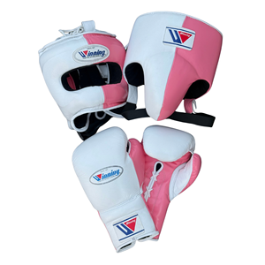 Ensemble de gants de boxe Winning en cuir rose et blanc, 16oz et 14oz, à lacets, à doigts entiers, respirants, avec barre nasale, haute qualité, légers et anti-humidité - Product Image 1