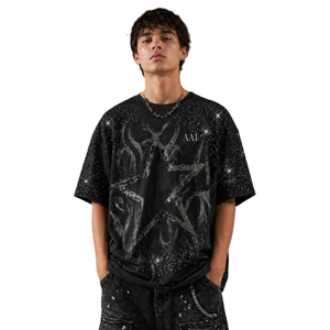 Camisas de hombre personalizadas al por mayor, de color liso, con adornos, hombros caídos, cuello redondo, estilo urbano, transpirables, 100% algodón, con pedrería. - Product Image 1