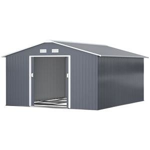 Capanno in Metallo 3,8 m x 3,3 m con Doppie Porte Scorrevoli e 4 Prese d'Aria per Attrezzi da Giardino, Esterno, Patio, Prato, Colore Verde Scuro - Product Image 1