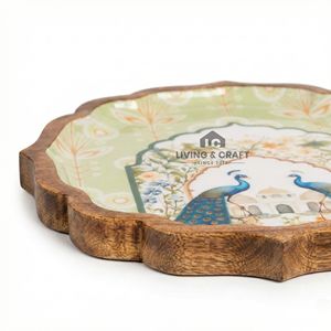 Plateau de service en bois imprimé paon, motif floral, bord festonné, pour thé, collations et décoration intérieure – Meilleures ventes - Product Image 4