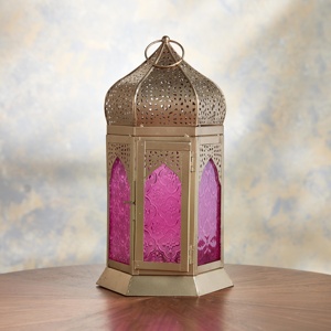 Majestic Gold Metal <b>Moroccan</b> Lantern with Pink Embossed Glass Decorative Candle Holder for Ramadan Home Table <b>Decor</b> - Product Image 1