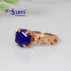 Natural <b>Lapis</b> <b>Lazuli</b> <b>Ring</b> Gold Plated 925 Sterling Silver Moissanite Hexagon Gemstone <b>Ring</b> Vintage Floral Statement Jewelry - Product Image 6