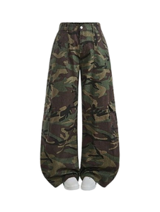 Pantalon cargo camouflage taille haute pour femme, coupe ample, longueur intégrale, en toile, style décontracté avec poches, fermeture boutonnée, idéal pour le printemps - Product Image 1