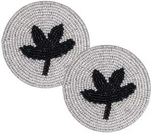 Ensemble de sous-verres ronds en forme de feuille d'érable, faits à la main avec des perles de verre, motif feuille noir et blanc, articles de décoration de table - Product Image 1