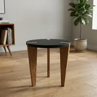 Table d'appoint ronde moderne avec pieds en bois, plateau noir, design minimaliste, meubles de salon, cadre en bois fait main