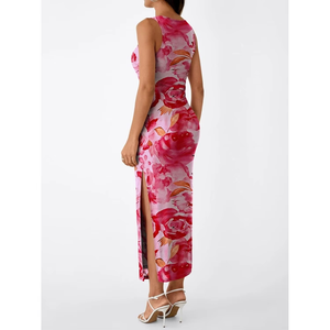 Vestido Maxi Ajustado Talla Grande para Mujer con Estampado Floral, Vestido de Fiesta y Club con Mangas Fruncidas y Abertura Lateral sin Mangas - Product Image 3