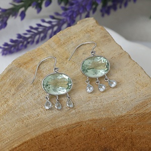 Boucles d'oreilles pendantes en argent sterling 925 avec améthyste verte et topaze bleue, pierres précieuses ovales, bijoux fantaisie, vente en gros - Product Image 4