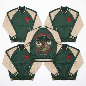 Chaqueta Bomber de Satén al por Mayor con Cremallera, Mangas Raglán, Color Caramelo, Bordado en la Espalda, Estilo Universitario - Product Image 3