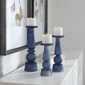Modern Matte Navy Blue Pillar Candle Holder <b>Set</b> Elegant Sculptural Design Round Shape For Luxury Home Decor And Weddings - Product Image 5