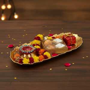 Assiette de service ovale en métal avec motif floral, polie, faite à la main, style chinois traditionnel, plats et assiettes - Product Image 1
