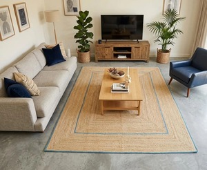 Scandinavian Style Jute Area <b>Rug</b> Rectangle Flat Weave Non Slip Living Room <b>Rug</b> Natural Beige with Blue Border - Product Image 3