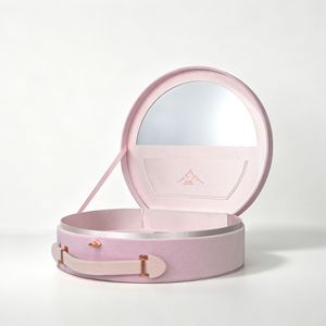 Boîte cosmétique rigide rose arrondie avec logo personnalisé, doublure en satin et poignée pour emballage cadeau beauté - Product Image 2