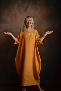 Hand-Painted Mustard Yellow Linen Kaftan Maxi Dress for Women Elegant Round Neckline and <b>Three</b>-Quarter Length Sleeves Long Gown - Product Image 5
