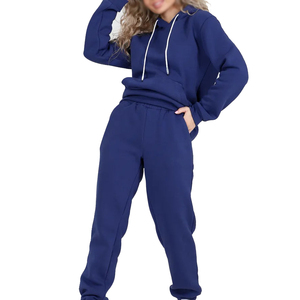 <b>Women</b> <b>Navy</b> <b>Blue</b> Hooded Tracksuit Set Full Sleeve Solid Color Casual Autumn Wear Breathable 100% Cotton <b>Jogger</b> Pants - Product Image 1