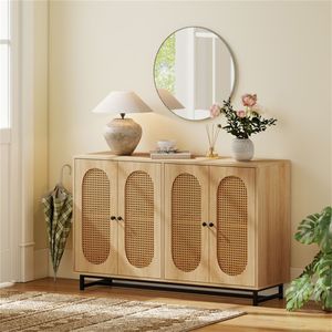 Aparador Buffet Grande de Ratán Natural de 50 Pulgadas con Diseño de 4 Puertas y Estantes Extraíbles y Ajustables - Product Image 2