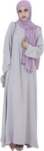 Women Light Gray Solid Color <b>Abaya</b> Long Sleeve Round Neck Floor Length Modest Dress Lightweight Daily Wear Middle East Style - Product Image 4