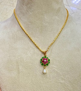 22K Gold Plated Flower Pendant Set <b>Ruby</b> Emerald Pearl Sapphire <b>Necklace</b> with Earrings Traditional Indian Bridal Jewelry Gift for - Product Image 1