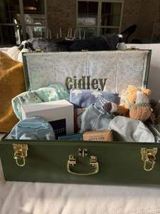 Light Sky Blue Metal <b>Storage</b> <b>Box</b> Rectangular Hinged Lid Classic Design With Gold Hardware Interior Patterned Lining - Product Image 3