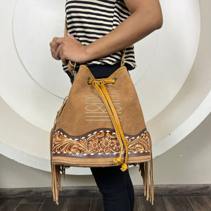 Wholesale Popular Boot Stitch Suede <b>Leather</b> Shoulder Bucket <b>Handbags</b> for Women Western Genuine <b>Leather</b> Drawstring Designer Purse - Product Image 4