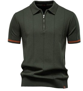 Men's Knitted Short Sleeve Half Zip <b>Polo</b> Shirt Solid Color Casual Design Green with <b>Orange</b> Trim - Product Image 3