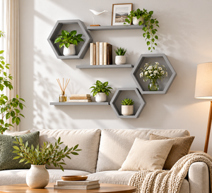 Étagères murales hexagonales grises modernes avec panneaux flottants, étagères murales décoratives géométriques en bois pour le salon - Product Image 5