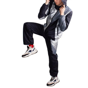 Men’s Fashion Shiny Tracksuit Set 2-Piece Silver & Charcoal Techwear <b>Windbreaker</b> Mesh Lined Hooded Jacket and Pants - Product Image 4