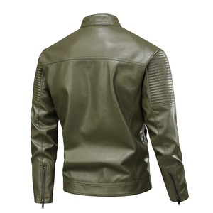 Chaqueta de Motociclista de Cuero PU Verde Oliva para Hombre, Cuello Alto, Cierre de Cremallera, Resistente al Viento, Corte Ajustado, para Otoño - Product Image 2