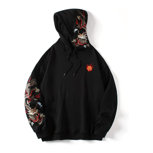 Sweat-shirt à capuche noir pour homme avec broderie de dragon, coupe ample, style chinois, vêtements d'automne - Product Image 1