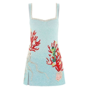 <b>Light</b> Blue Beaded Dress Seahorse Coral Pattern Embroidery Women Sleeveless Mini Length Evening Party Wear Apparel Clothing - Product Image 1